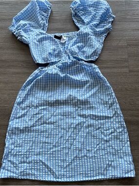 Divided Blue and White Gingham Cutout Dress